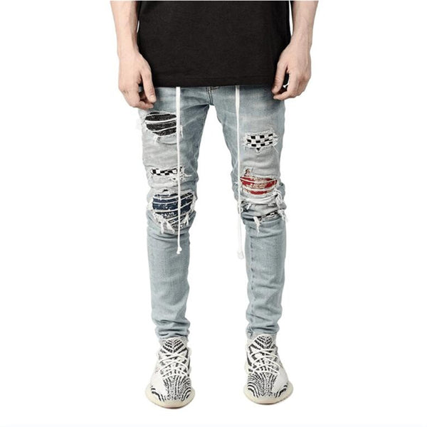 Men's Skinny Ripped Jeans Fashion Grid Beggar Patches Slim Fit Stretch Casual Denim Pencil Pants