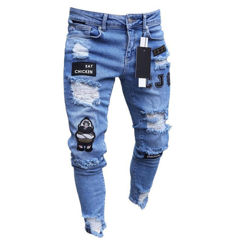 Men's Stretchy Ripped Skinny Biker Embroidery Print Jeans Destroyed Hole Taped Slim Fit