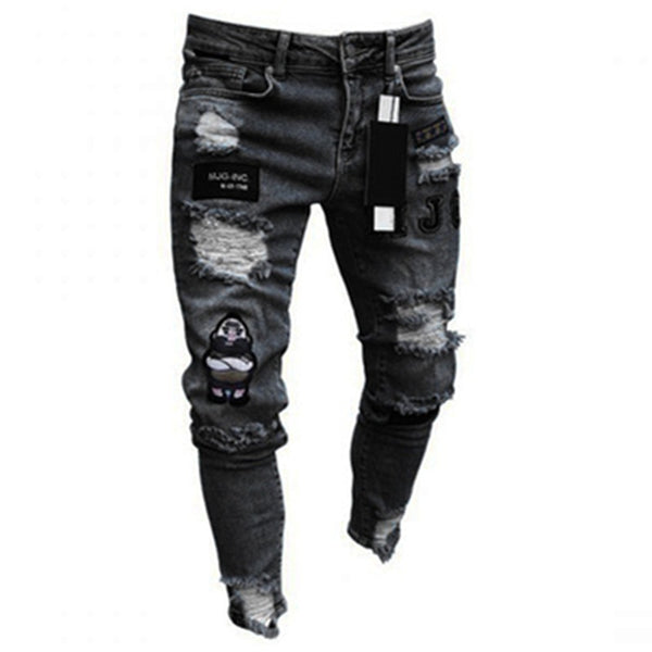 White Embroidery Jeans Men Cotton Stretchy Ripped Skinny Jeans High Quality Hip Hop Black Hole Slim Fit Oversize Denim Pants