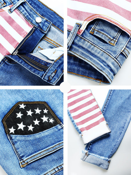 American Flag Red Stripes Patchwork Jeans Stretchy Denim Pants