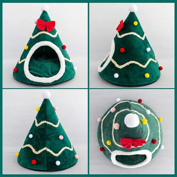 Cat Bed House Christmas Tree Shape Puppy Kennel Washable Cat Mat Kitten Cave Winter Warm Pet Beds for Cats Dogs Pet Accessories