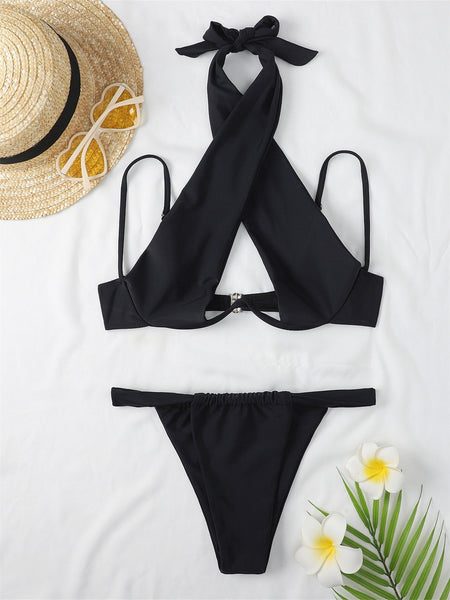 Underwired Bikini Women's Solid Black High Neck Cross Push Up Swimsuit Summer High Cut Thong Beach Bathing Suit Swimwear