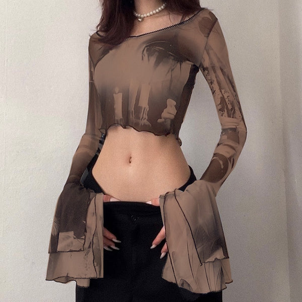 Goth Dark Punk Aesthetic Print Mesh Women's Crop Tops Gothic Flare Sleeve See Through T-shirts Emo Lettuce Hem