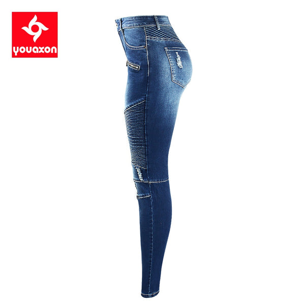 Women's Fashion Motorcycle Biker Zip Mid High Waist Stretch Denim Skinny Pants Jeans For Women