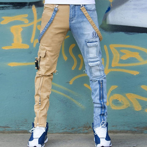 Men's jeans high street straight overalls men's hip-hop yellow blue denim casual jeans