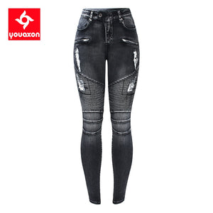 Women's Fashion Motorcycle Biker Zip Mid High Waist Stretch Denim Skinny Pants Jeans For Women