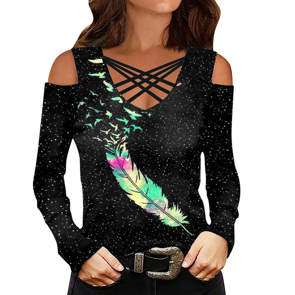 Butterfly print Women's T-Shirt Sexy Off Shoulder Long Sleeve V Neck Pullover Ladies Blouse Summer Casual Top