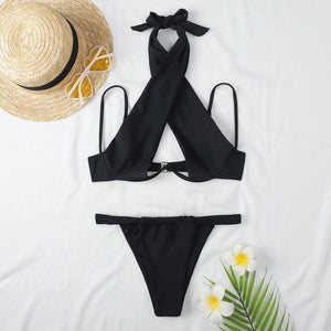 Underwired Bikini Women's Solid Black High Neck Cross Push Up Swimsuit Summer High Cut Thong Beach Bathing Suit Swimwear