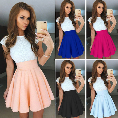 Women's Lace Party Cocktail Mini Dress Ladies Summer Short Sleeve Skater Dresses Daily Casual Fashion Dresses