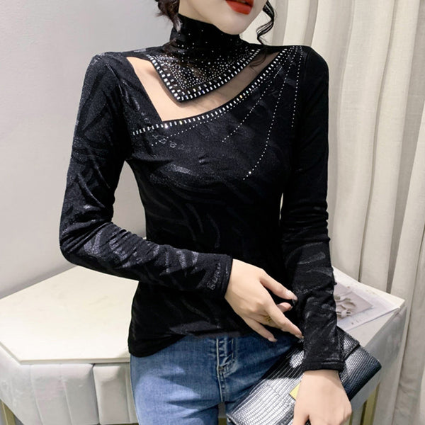 Elegant Ladies Diamonds Bottoming Tops Fashion Mesh Patchwork Lace Turtleneck Women Blouse Female Casual Slim Pullover T Shirts