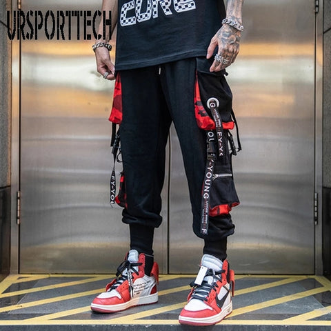 Men's Letter Ribbons Cargo Pants Pockets Track Tactical Casual Male Trousers Sweatpants Sport Streetwear