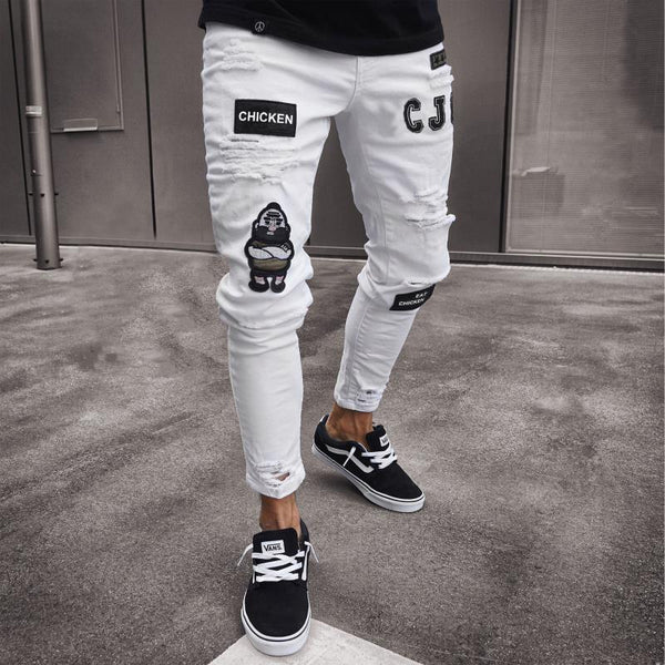 Men's Stretchy Ripped Skinny Biker Embroidery Print Jeans Destroyed Hole Taped Slim Fit