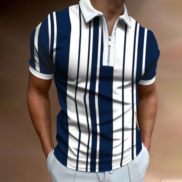 Men's Streetwear Fashion Striped Patchwork Men Short Sleeve Polo Shirts Business Casual Lapel Zipper Tops Pullover