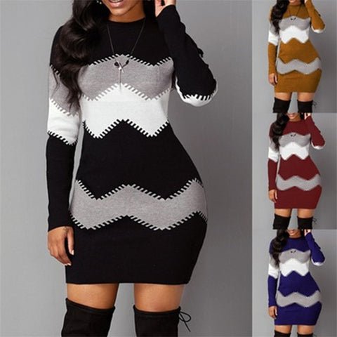Women's Elegant Patchwork Long Sleeve Dress Pullover Mini Dresses