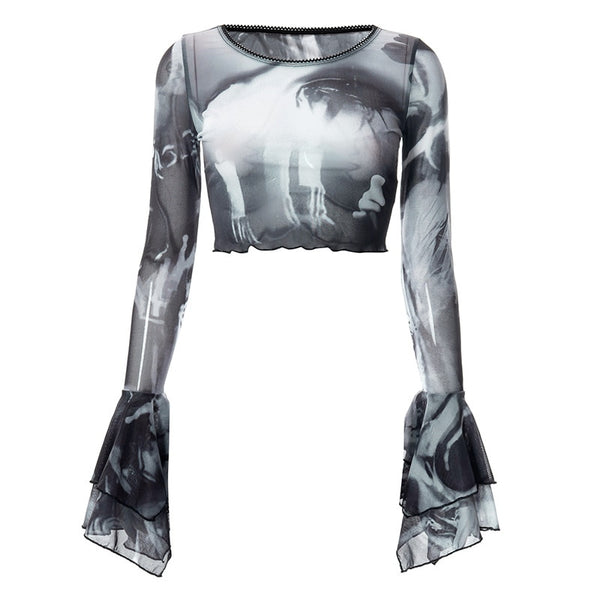 Goth Dark Punk Aesthetic Print Mesh Women's Crop Tops Gothic Flare Sleeve See Through T-shirts Emo Lettuce Hem