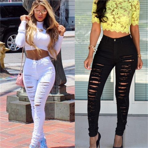 Ripped Jeans Denim High Waist Elastic Pencil Pants Black Or White Jeans
