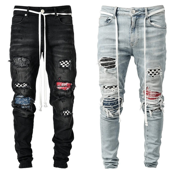 Men's Skinny Ripped Jeans Fashion Grid Beggar Patches Slim Fit Stretch Casual Denim Pencil Pants