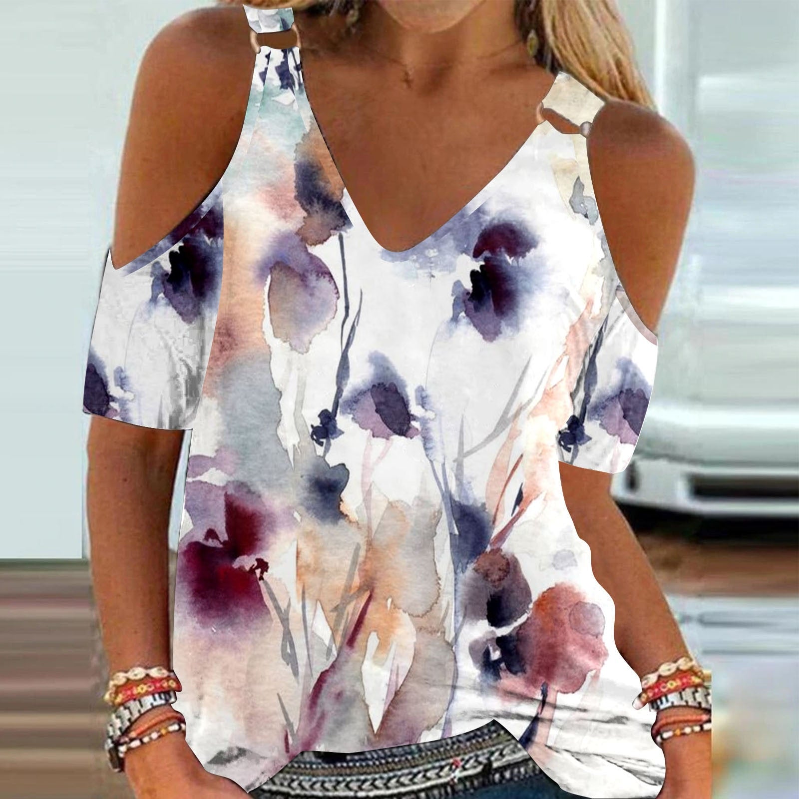 Fashion Print Off Shoulder Ladies Tops Summer Sexy V Neck Short Sleeve Casual Blouse 2022 Hot  Women Outfits Party Dress Shirts