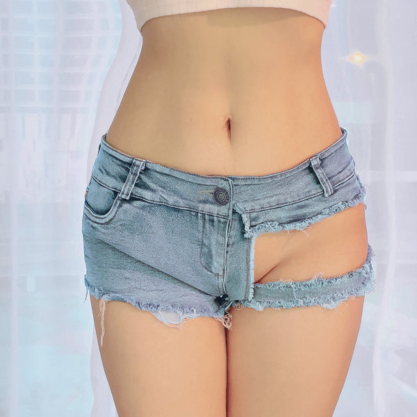 Loose high-waisted shorts with hole showing thin wide-legged a-line hot pants denim shorts for Women