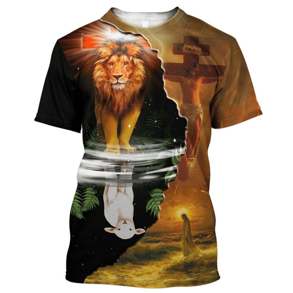 Christ Jesus And Lion 3D Print Men's T-shirts 0-Neck Short Sleeve Streetwear