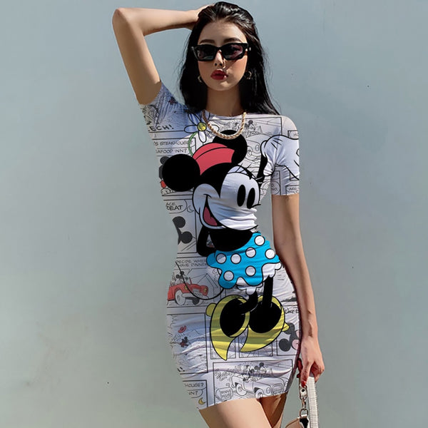 Disney Minnie & Mickey Mouse Bow Print Dress Short Sleeve Casual