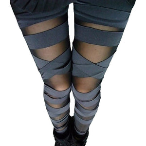 Spring & Summer Legging Sexy See Through Stripe Cross Tie Up Nine Point Bodycon Women Leggings Black Slim Bandages Leggings