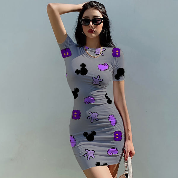 Disney Minnie & Mickey Mouse Bow Print Dress Short Sleeve Casual