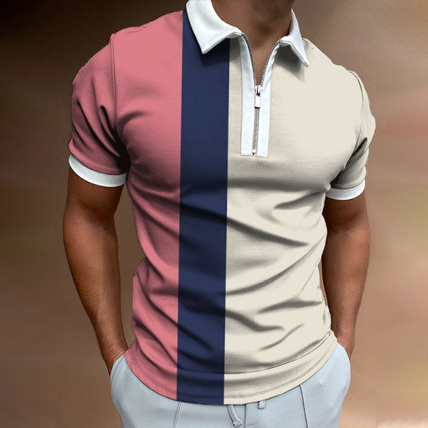 Men's Streetwear Fashion Striped Patchwork Men Short Sleeve Polo Shirts Business Casual Lapel Zipper Tops Pullover