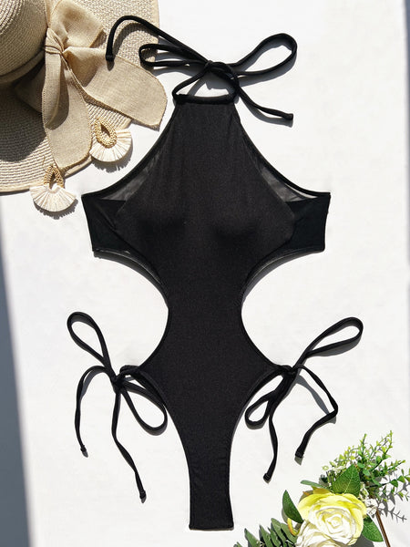 High Neck Swimwear Women 2022 Solid Black Ribbed Cut Out Backless Thong One Piece Swimsuit Beach Bathing Suit Swimming Suit