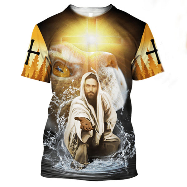 Christ Jesus And Lion 3D Print Men's T-shirts 0-Neck Short Sleeve Streetwear