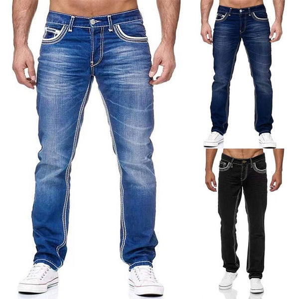 Men Jeans Solid Pockets Stretch Denim Straight Pants Spring Summer Business Casual Trousers Daily Streetwear