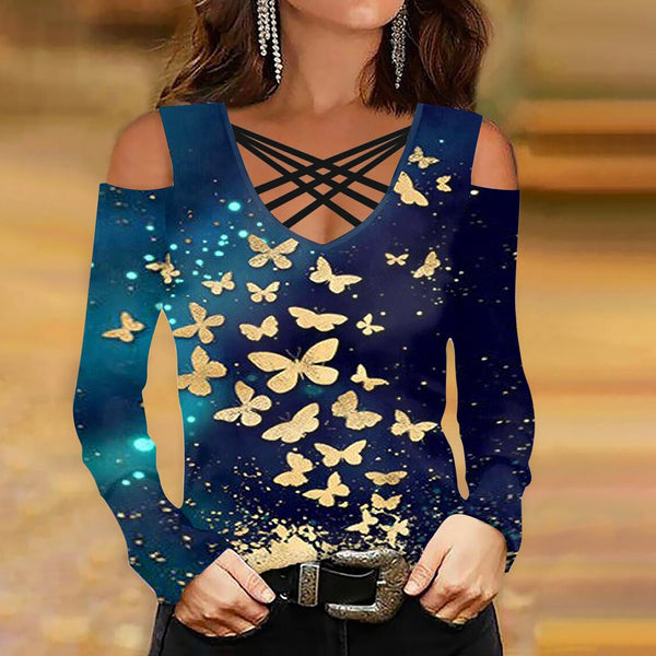 Butterfly print Women's T-Shirt Sexy Off Shoulder Long Sleeve V Neck Pullover Ladies Blouse Summer Casual Top