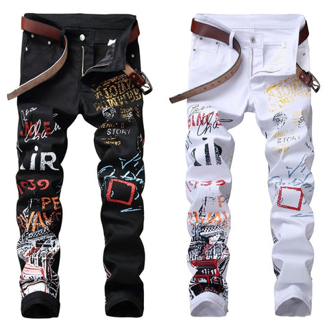 Men's Jeans Night Club Black White Color Personal Designer Printed Jeans