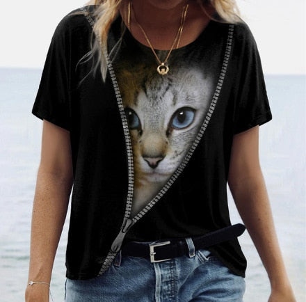 Cat 3D Printing Tee Top Short Sleeve Female Fashion Clothing