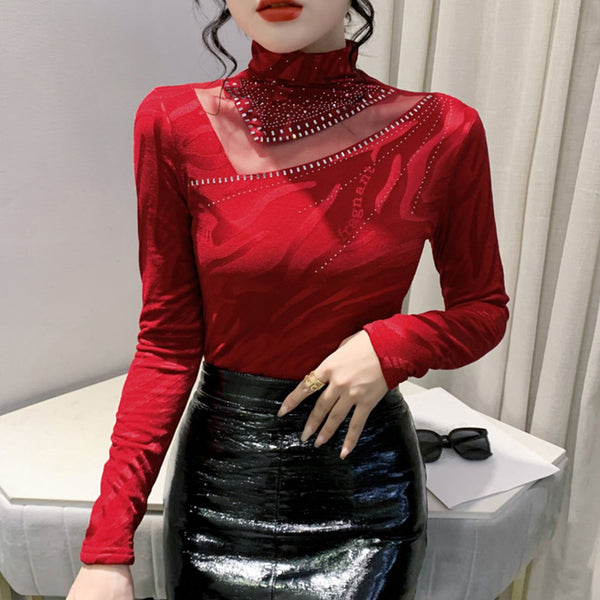 Elegant Ladies Diamonds Bottoming Tops Fashion Mesh Patchwork Lace Turtleneck Women Blouse Female Casual Slim Pullover T Shirts