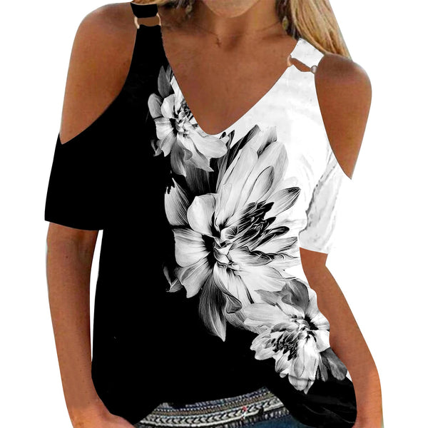 Fashion Print Off Shoulder Ladies Tops Summer Sexy V Neck Short Sleeve Casual Blouse 2022 Hot  Women Outfits Party Dress Shirts