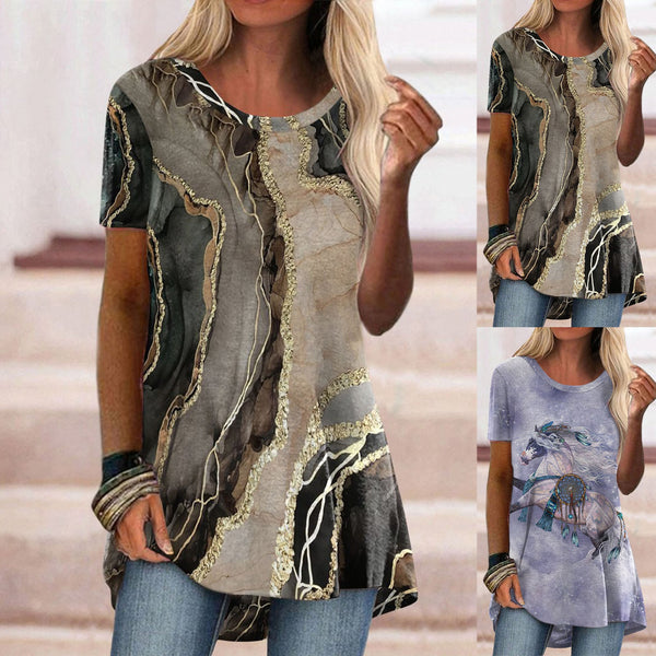 Vntiage Print  Women's Tops Summer Round Neck Fashion Short Sleeve Shirt Casual Ladies Blouse Summer oversized Pullovers Top