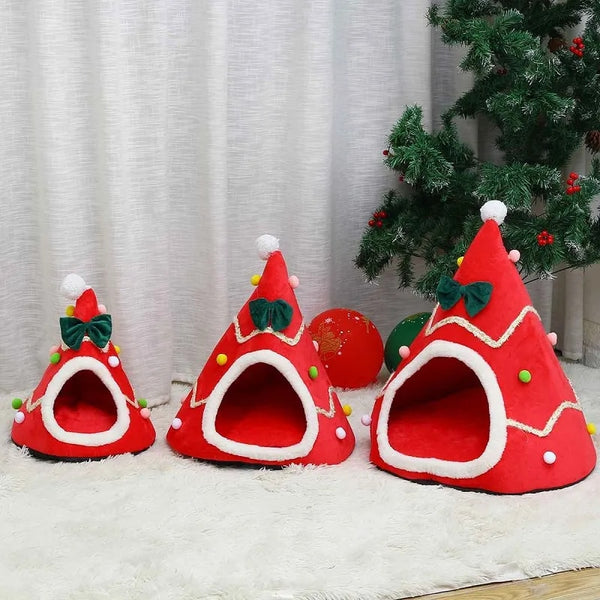 Cat Bed House Christmas Tree Shape Puppy Kennel Washable Cat Mat Kitten Cave Winter Warm Pet Beds for Cats Dogs Pet Accessories