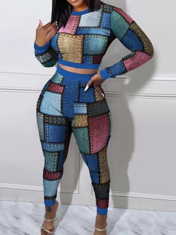 Denim Look Print Multi-color 2PC Crop Top Geometric Long Sleeve Top & High Stretchy Pants