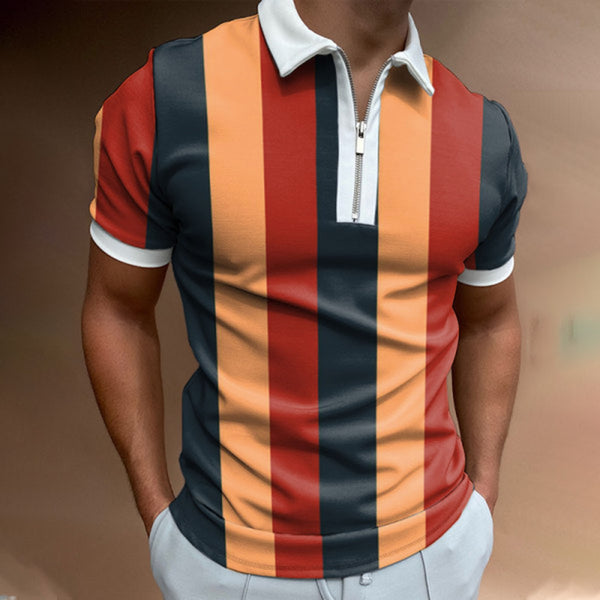 Men's Streetwear Fashion Striped Patchwork Men Short Sleeve Polo Shirts Business Casual Lapel Zipper Tops Pullover