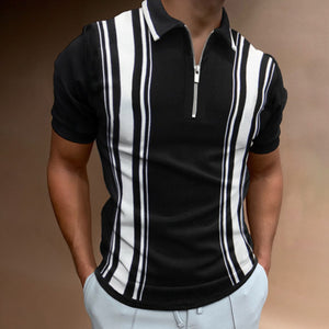 Men's Streetwear Fashion Striped Patchwork Men Short Sleeve Polo Shirts Business Casual Lapel Zipper Tops Pullover