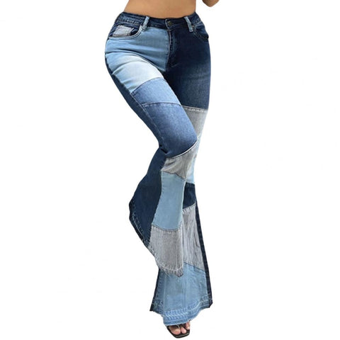 Women's Jeans High Waist Pockets Button Fly  Color Block Wide Leg Denim Pants Streetwear