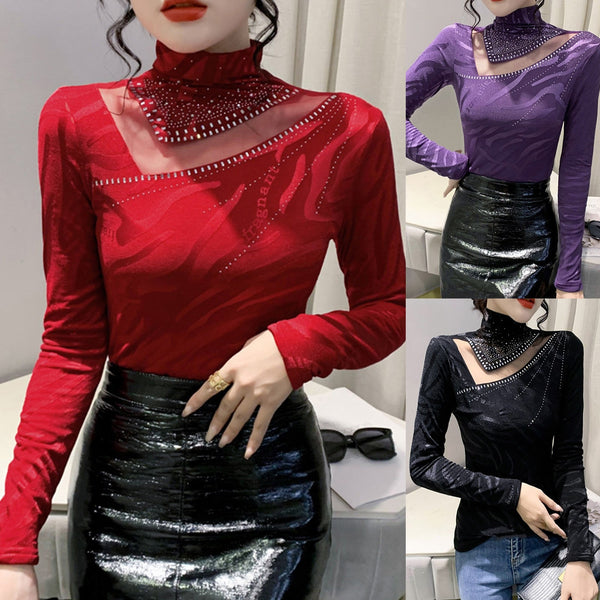 Elegant Ladies Diamonds Bottoming Tops Fashion Mesh Patchwork Lace Turtleneck Women Blouse Female Casual Slim Pullover T Shirts