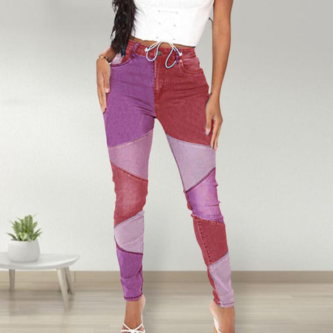 Color Block Multi Pockets Button Zipper Fly Women Jeans Butt-lifting High Waist Denim Pencil Trousers Streetwear