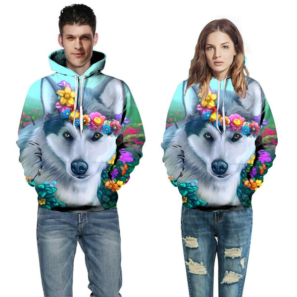 Husky print sweater men's and women's 3D loose pullovers couples fashion streetwear