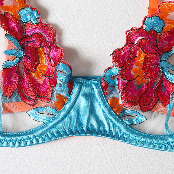 Floral Patchwork Embroidery Bra Panties Garter Set